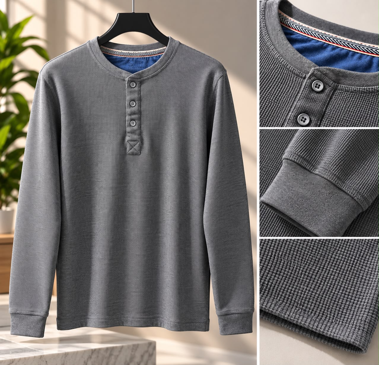 Men’s Waffle Knit Henley Long-Sleeve Shirt